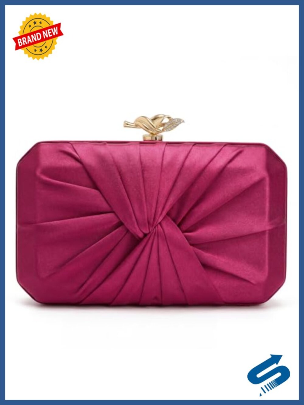 Pleated Satin Hard Shell Clutch with Detachable Gold Chain Strap Evening Bag